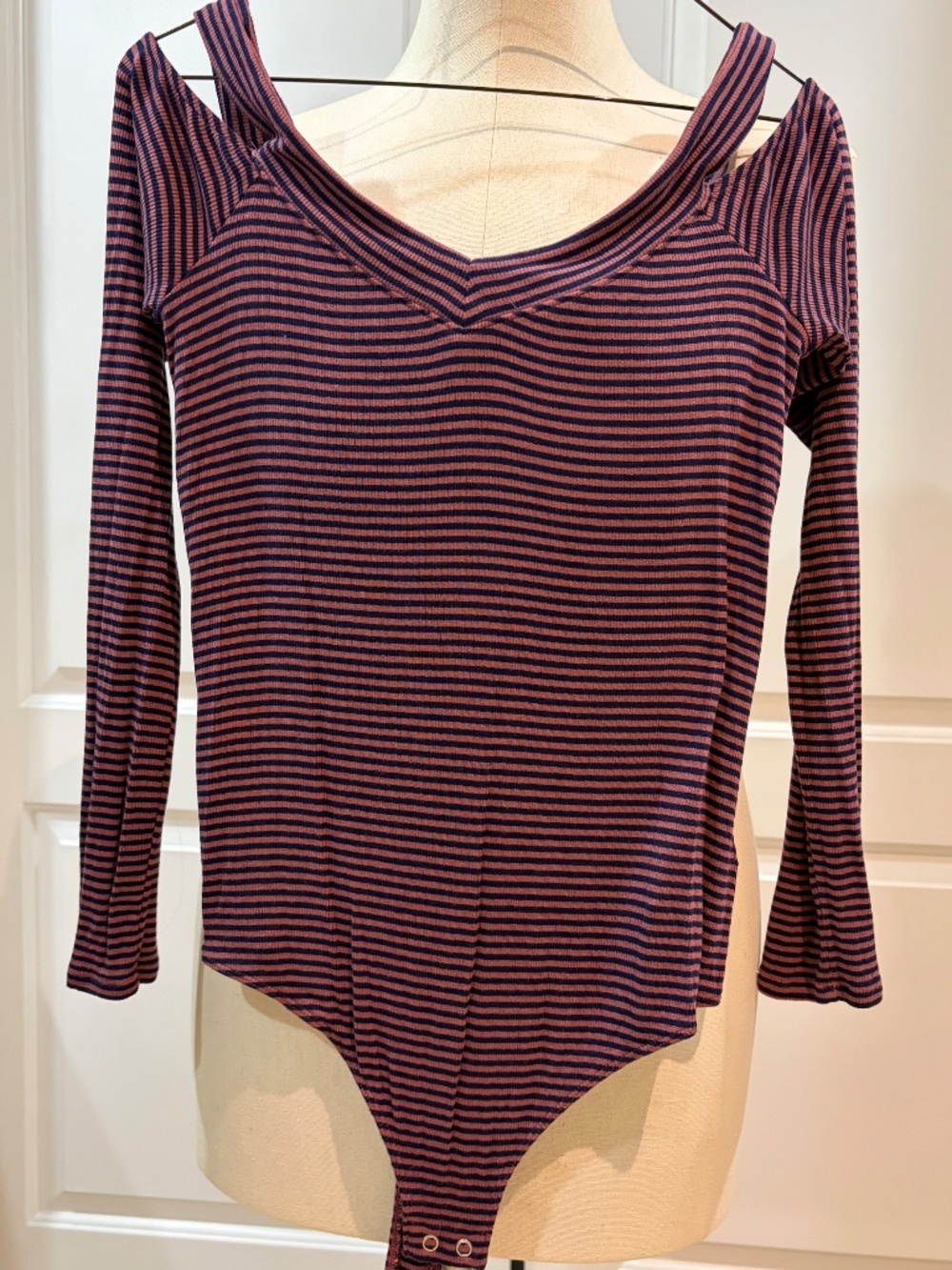 Express One Eleven Striped Cutout Shoulder Bodysuit Women’s